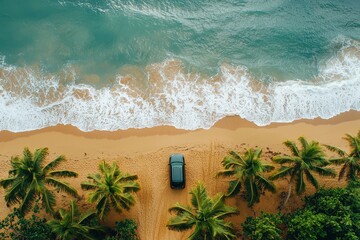 Aufkleber - A black car is positioned on a sandy beach bordered by lush palm trees, with ocean waves softly crashing nearby, suggesting a serene and tranquil atmosphere, top view