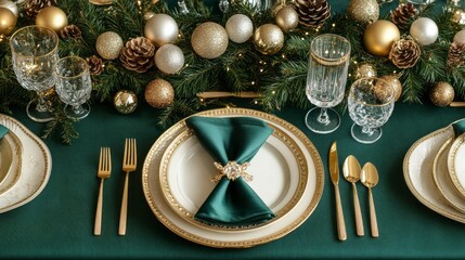 Poster - A table with a green tablecloth and gold accents