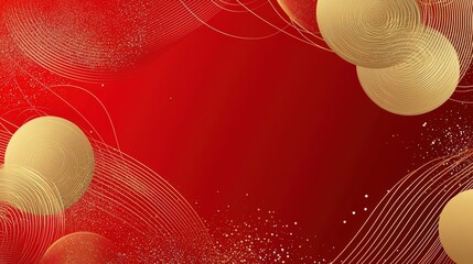 Poster - A striking red backdrop adorned with elegant golden circles and delicate swirling lines creates a festive atmosphere, ideal for celebrations and special occasions