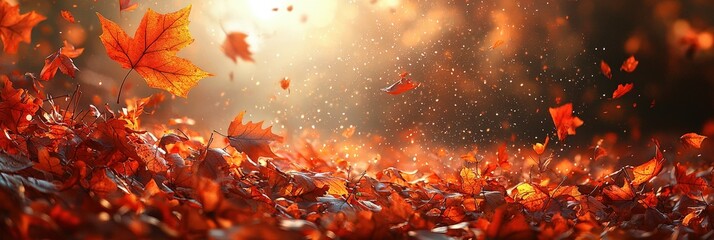 Aufkleber - Golden hour light casts a warm glow on vibrant orange and red leaves as they dance in the air, creating a serene autumn atmosphere in the forest