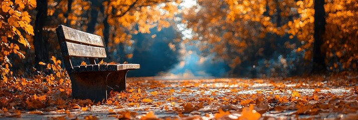 Poster - A wooden bench sits quietly on a path adorned with colorful autumn leaves, bathed in sunlight, creating a serene and inviting atmosphere in the park