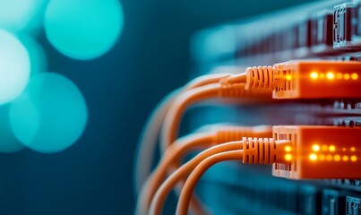 Poster - network connectivity orange ethernet cables plugged into server ports with led lights blinking in data center