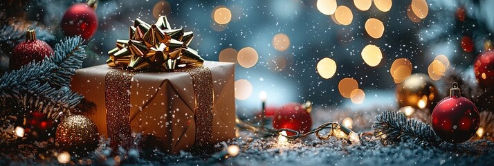 Poster - A neatly wrapped gift adorned with a shiny bow is placed on a festive table surrounded by ornaments and soft glowing lights while snow falls gently outside