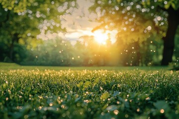 Poster - Golden sunlight filters through green leaves, illuminating drops of dew resting on grass blades. The tranquil park evokes a peaceful and enchanting mood at dusk