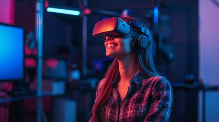 Poster - young woman exploring virtual reality in a colorful tech studio while wearing vr headset and headpho
