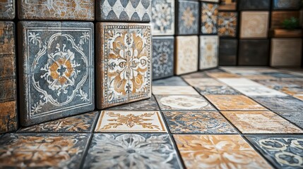 Leinwandbilder - Colorful decorative tiles are intricately arranged on the floor, showcasing diverse designs and patterns that create an inviting atmosphere in the room