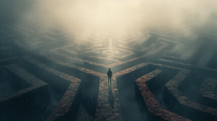 Wall Mural - a man is walking through a maze with a red line on the ground. the maze is dark and gloomy, and the 