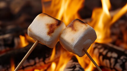 marshmallow roasted on bonfire  with flame and coal as background