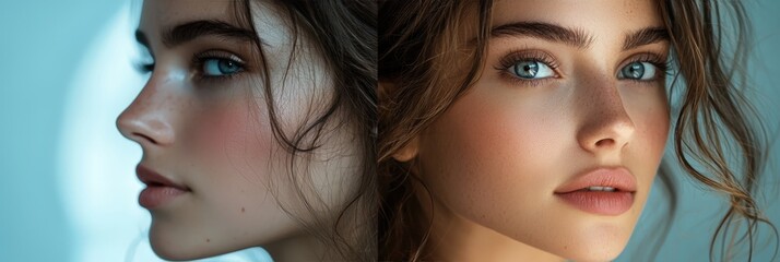 Poster - A young woman with stunning blue eyes poses gently with soft lighting highlighting her features, creating an inviting and serene atmosphere indoors