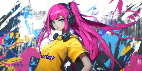 Poster - Cute anime girl with pink and blue hair, wearing colorful streetwear and headphones