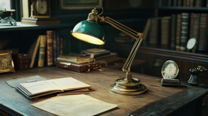 Poster - Vintage Desk with Brass Lamp