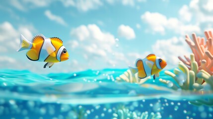 Wall Mural - Two cartoon clownfish swim in a tropical ocean with coral and a blue sky above.