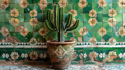 Poster - A striking cactus stands in an ornately designed terracotta pot, set against a colorful tiled wall adorned with floral patterns, illuminated by natural light
