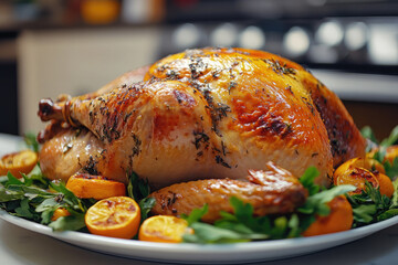 Whole roasted beautiful turkey is presented on a platter, garnished with fruits and herbs, creating a visually appealing centerpiece for a thanksgiving day feast