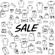 © Renee - Sale caption surrounded by doodle clothing items and captions with discount percentages. Vector elements in line art style on transparent background