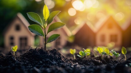 Vibrant Green Sapling Sprouting in Garden with Blurred House Background