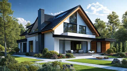 Poster - A large house with a white exterior and a black roof