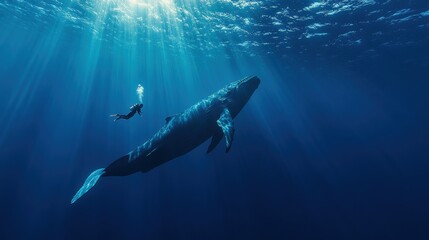 diver with giant whale in deep sea