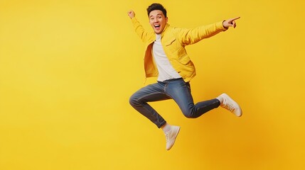 Enthusiastic Asian Man Jumping with Arms Raised Joyfully in Yellow Studio Setting