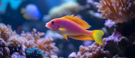 A vibrant pink and orange fish with yellow fins swims among vibrant coral reefs in a clear blue aquarium.