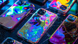 © Maria - A collection of vibrant holographic smartphone cases reflecting neon lights, creating a futuristic and trendy look.