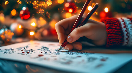 Wall Mural - A person is writing on a piece of paper with a red pen. The paper has a Christmas tree drawing on it