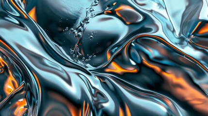 Poster - Fluid, reflective abstract metal surface in motion, showcasing blue and orange highlights with liquid-like forms and intricate texture.