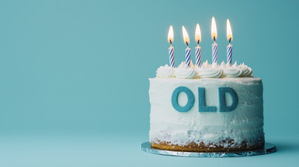 birthday cake with white icing and lit candles in shape of 