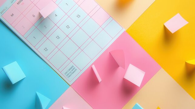 vibrant calendar month with a grid that highlights important dates and weekends in bold colors.