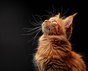 Wall Mural - Red Maine Coon kitten sitting and looking up on a black background