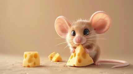 Canvas Print - A cute cartoon mouse holds a piece of cheese in its paws.