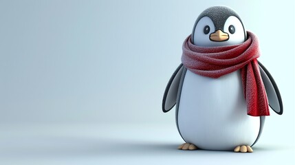 Wall Mural - A cartoon penguin wearing a red scarf stands against a light blue background.