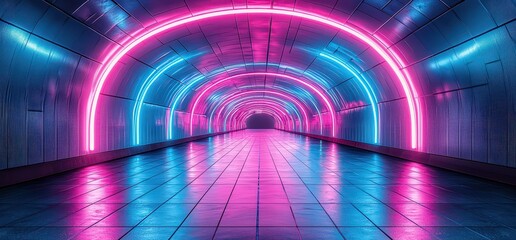 Wall Mural - Abstract futuristic background with neon glowing square lines in blue and pink colors on a dark grey metallic floor tunnel corridor. 