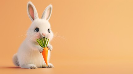 Poster - A cute white bunny holds a carrot in its paws against a light orange background.