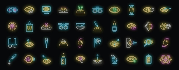 Wall Mural - Optometrist checking patient eyesight with neon sign icons set vector