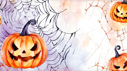 Wall Mural - Abstract Watercolor Background for Halloween with Jack O Lantern and Spider Web, Spooky and Artistic