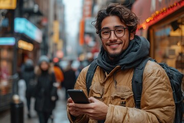 Wall Mural - Handsome Hispanic Man Using Smartphone in a Lively Urban City Street Scene