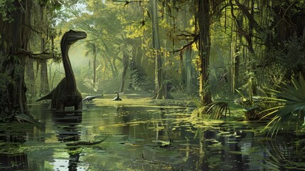 mysterious depths of a prehistoric swamp where dinosaurs like the forage for food.