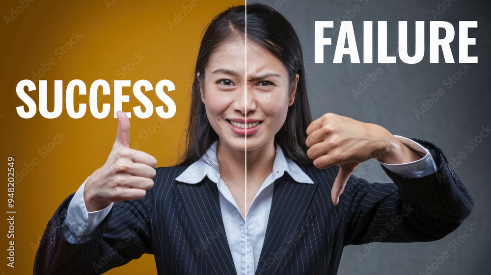Representing Failure Asian Businesswoman On A Split Image, On The Left The Woman ...