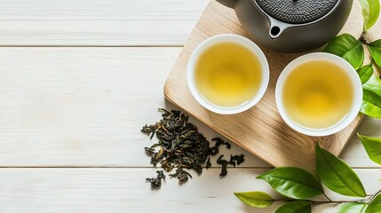 Two teacups filled with green tea sit gracefully on an old wooden board next to a black iron kettle and dark oolong leaves, illuminated by warm natural light