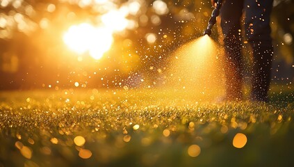 A close-up of someone spraying the lawn with a spot grass spray, sunlight shining through the trees in the background. 