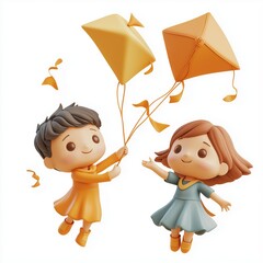 Wall Mural - Children flying kites Cartoon Clay Illustration, 3D Icon, Isolated on white background