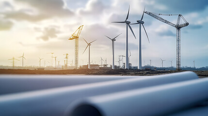 Wall Mural - Construction project on the background of wind turbines, an image of green energy