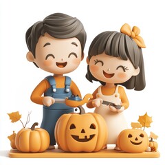 Wall Mural - Family carving pumpkins Cartoon Clay Illustration, 3D Icon, Isolated on white background