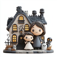 Wall Mural - Haunted house scene Cartoon Clay Illustration, 3D Icon, Isolated on white background