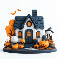 Wall Mural - Halloween decorated home Cartoon Clay Illustration, 3D Icon, Isolated on white background