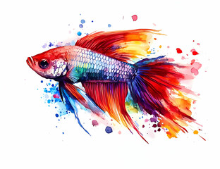 Vibrant watercolor illustration of a colorful fish swimming through splashes of paint, perfect for art and marine themes.