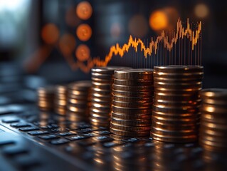 Stacks of coins of varying heights symbolize profit growth. A rising graph in the background emphasizes financial success.