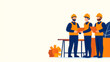 © Piya W. - Factory floor, workers in safety helmets and protective footwear, flat design illustration