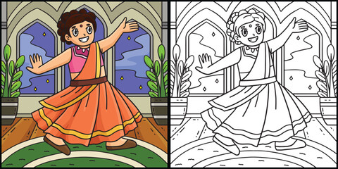 Wall Mural - Diwali Girl Dancing Coloring Page Illustration